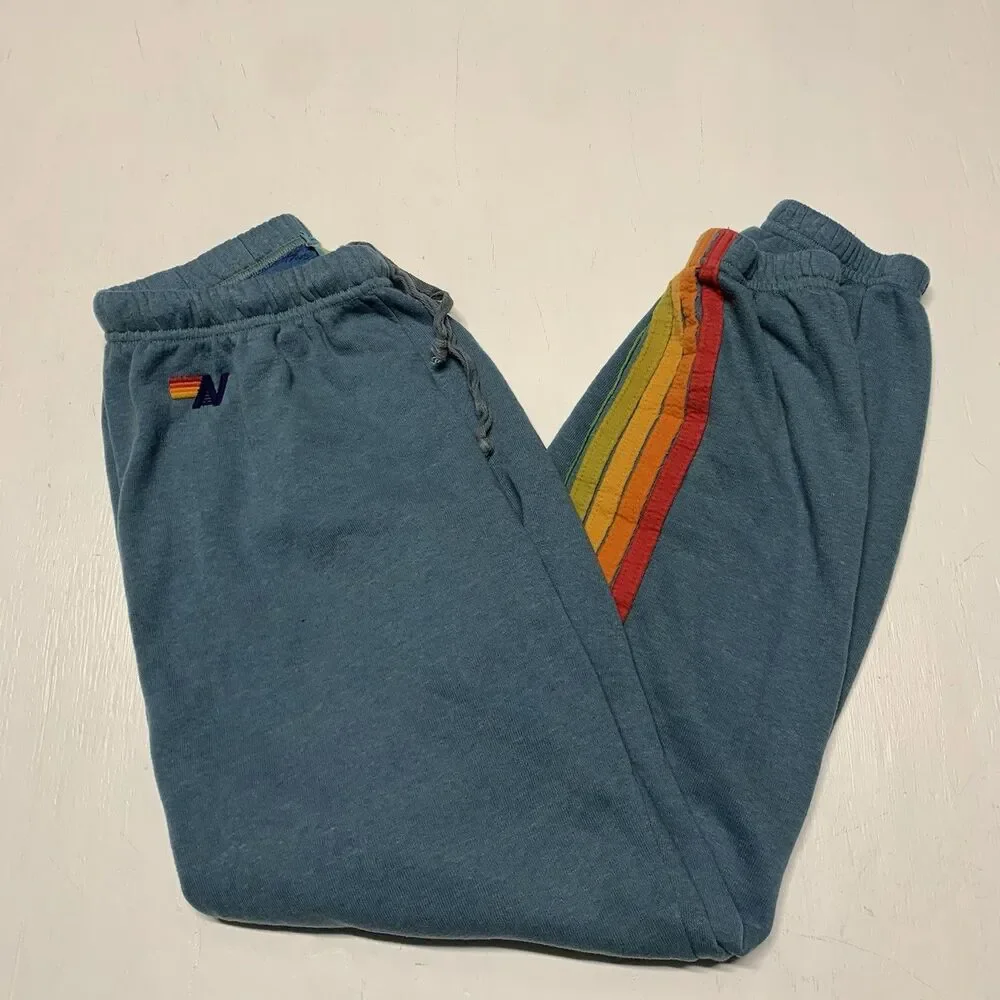 Aviator Nation 5 Striped Sweatpants Women Size L Blue Wash Casual USA Ultra Soft